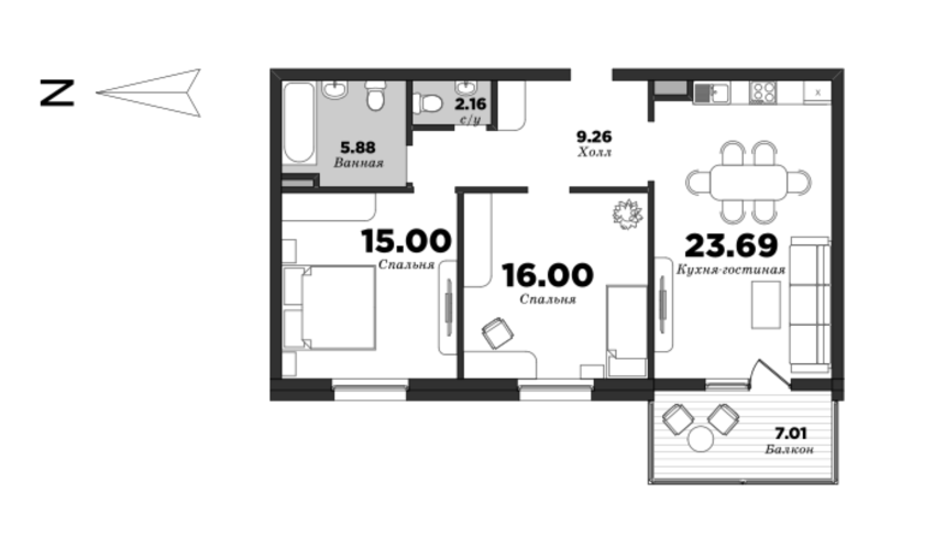 NEVA HAUS, 2 bedrooms, 75.5 m² | planning of elite apartments in St. Petersburg | М16